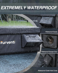 Lamlingo Outdoor Cat House eaves highlight waterproofing for rainy days.