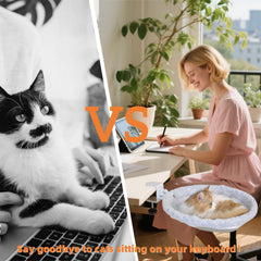 LANERmooos Cat Desk Bed shows 360° rotation for flexible positioning beside your desk.