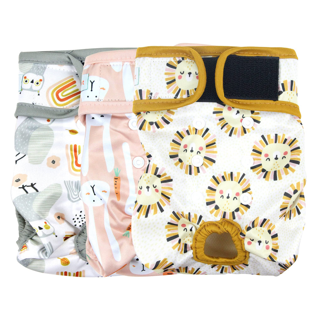 Langsprit washable dog diapers 3-pack front view showing secure fit and playful patterns
