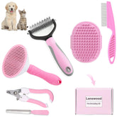 Lanswood dog brush kit pink box shows all-in-one grooming solution for shedding dogs