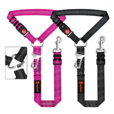 Laqibak removable dog seatbelt harness in rose secures pets during car trips.