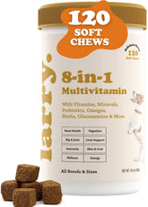 Larry 8-in-1 multivitamin soft chews bottle supports overall wellness through balanced canine nutrition.