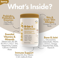 Larry digestive-health soft chews image emphasizes probiotics and minerals aiding comfortable digestion.