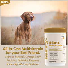 Larry heart-support dog vitamin soft chews highlights cardiovascular-friendly nutrients for daily energy.