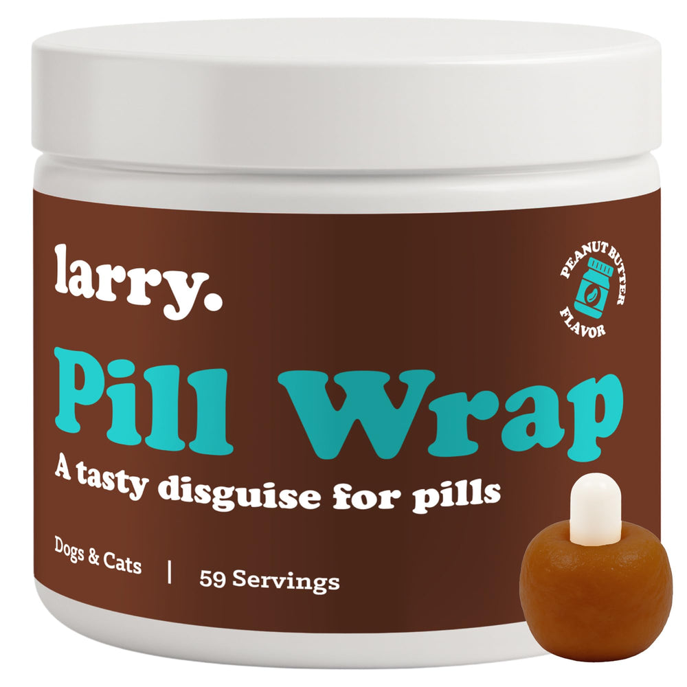 Larry Peanut Butter Pill Wrap container demonstrates moldable texture for easy dosing.