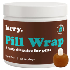 Larry Peanut Butter Pill Wrap container demonstrates moldable texture for easy dosing.