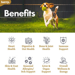 Larry skin-coat-omega dog supplement showcases shiny coat and moisturized skin benefits.