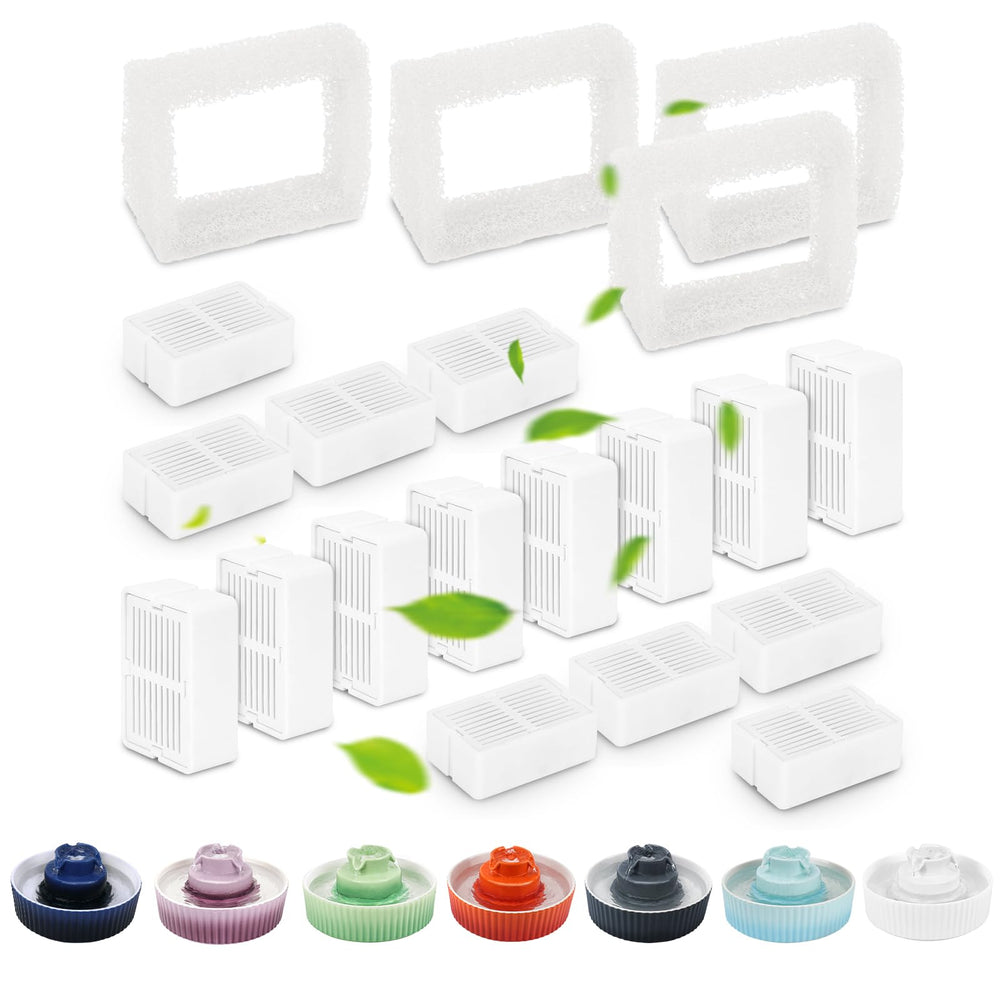 Lawfery 16-pack cat fountain filters and sponges ready for maintenance and setup.