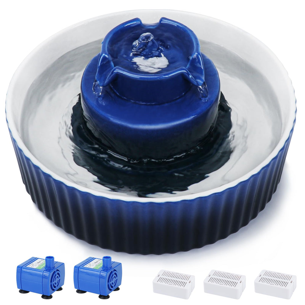 Lawfery ceramic cat fountain dark blue, front view, sturdy base for multi-pet homes.