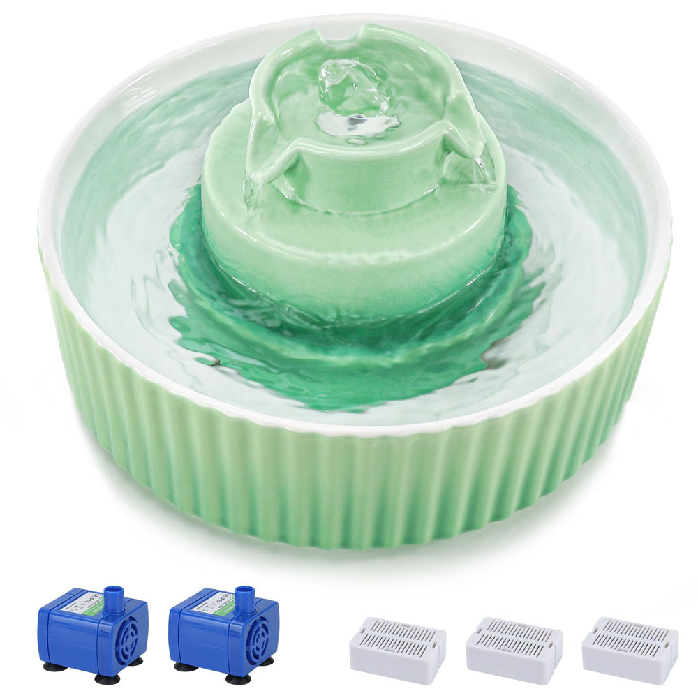 Lawfery ceramic cat water fountain front view highlights its stable, scratch-resistant ceramic body.