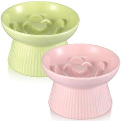 Layhit raised cat bowls in green and pink, side view highlighting elevated design for comfortable posture
