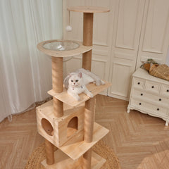 Lazyworm Cat Tree capsule nook provides snug hideaway for peaceful naps.