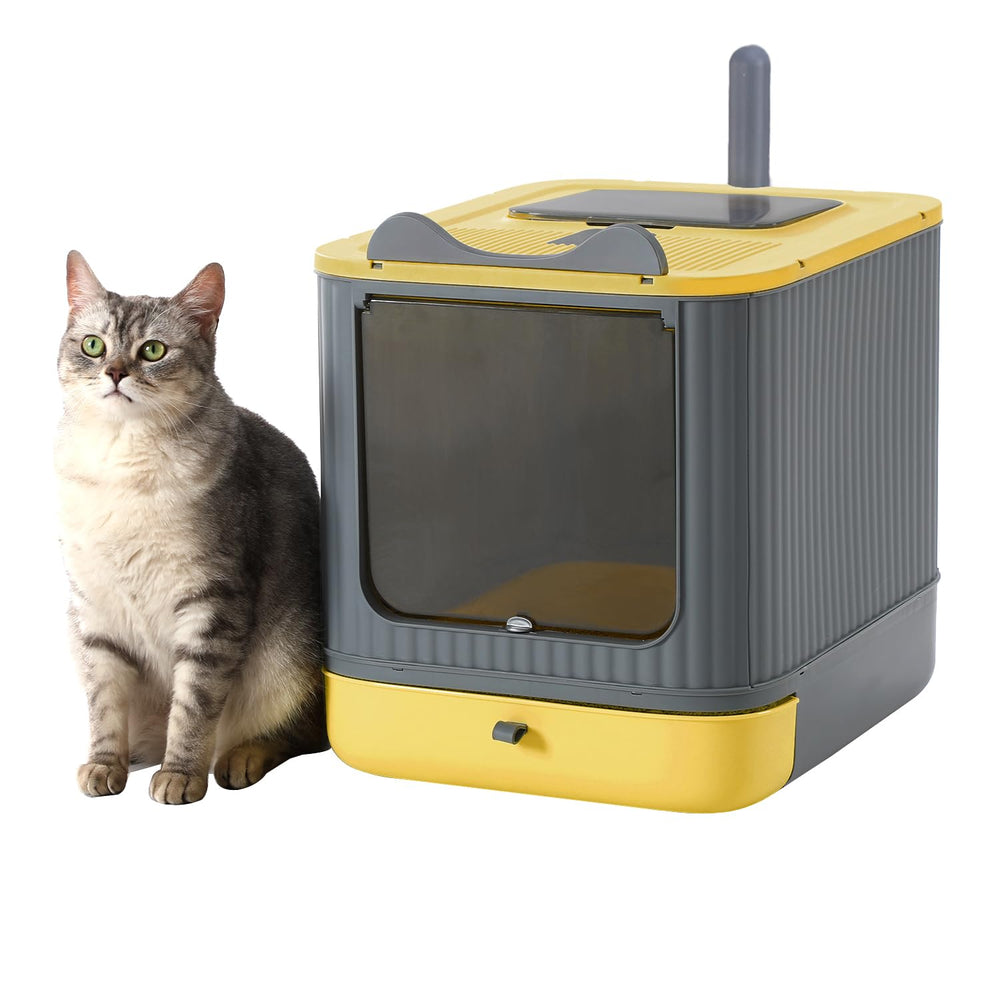LCZLBRRD fully enclosed litter box with lid, front view, keeps litter contained.