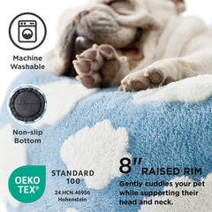 LE SURE Donut Dog Bed blue outer cover close-up demonstrates easy machine-wash cleaning