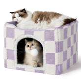 LE SURE indoor cat beds front view in lavender checks, inviting cozy hideaway for naps.