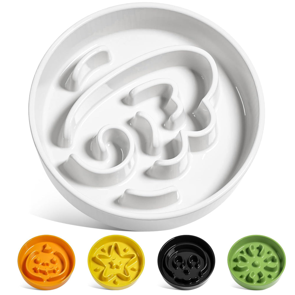 LE TAUCI angle-white ceramic slow feeder, front view, promotes slower meals