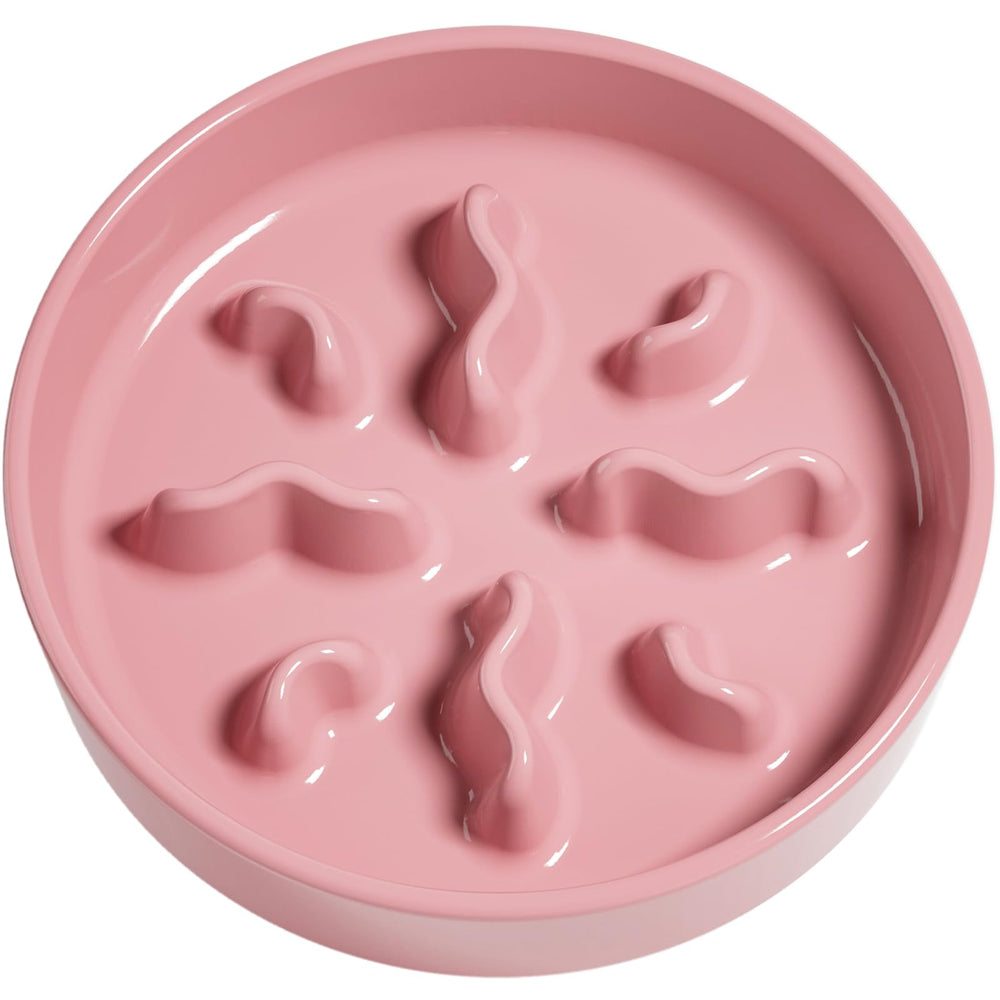 LE TAUCI PET ceramic slow feeder bowl pink closeup highlights slow eating benefit