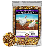 LEACH GRAIN & MILLING CO Scratch & More feed bag shows enriched 5-grain mix for healthier plumage.