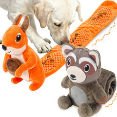 LECHONG squeaky dog toy pair featuring squirrel and raccoon for interactive play.
