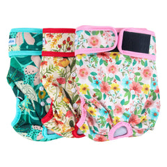 Leekalos reusable dog diapers female pack3 large flora outer view showing color options.