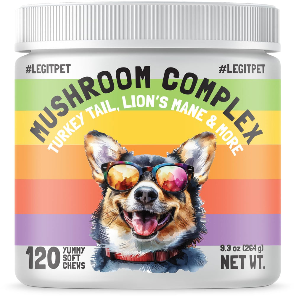 LEGITPET Mushroom Complex Treats packaging showcases premium organic formula for dogs immune support.