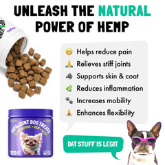 LEGITPET USA-made ingredients panel highlights hemp oil and turmeric benefits.