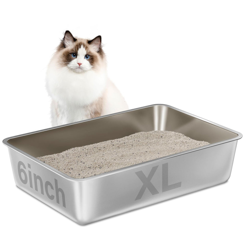 LEGOURNS XL stainless steel litter box front view shows deep high sides for containment
