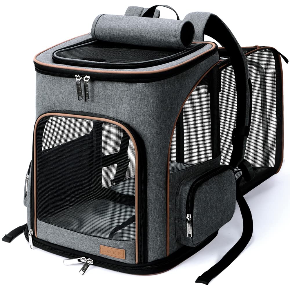 Lekereise cat backpack front view with breathable mesh for visibility and airflow.
