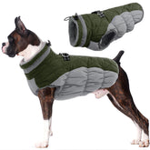 LeLePet dog coat army green front view highlights warm fleece lining for cold outdoor walks.
