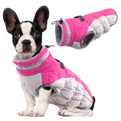 LelePet dog coat Rose Red front view highlights warm windproof comfort for outdoor walks.