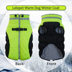 LeLePet dog coat side view demonstrates waterproof shell for snowy days and rain protection.