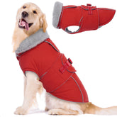 LeLePet Warm Dog Coat front view in red, highlighting secure fit and visibility