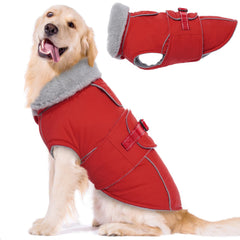 LeLePet Warm Dog Coat front view in red, highlighting secure fit and visibility