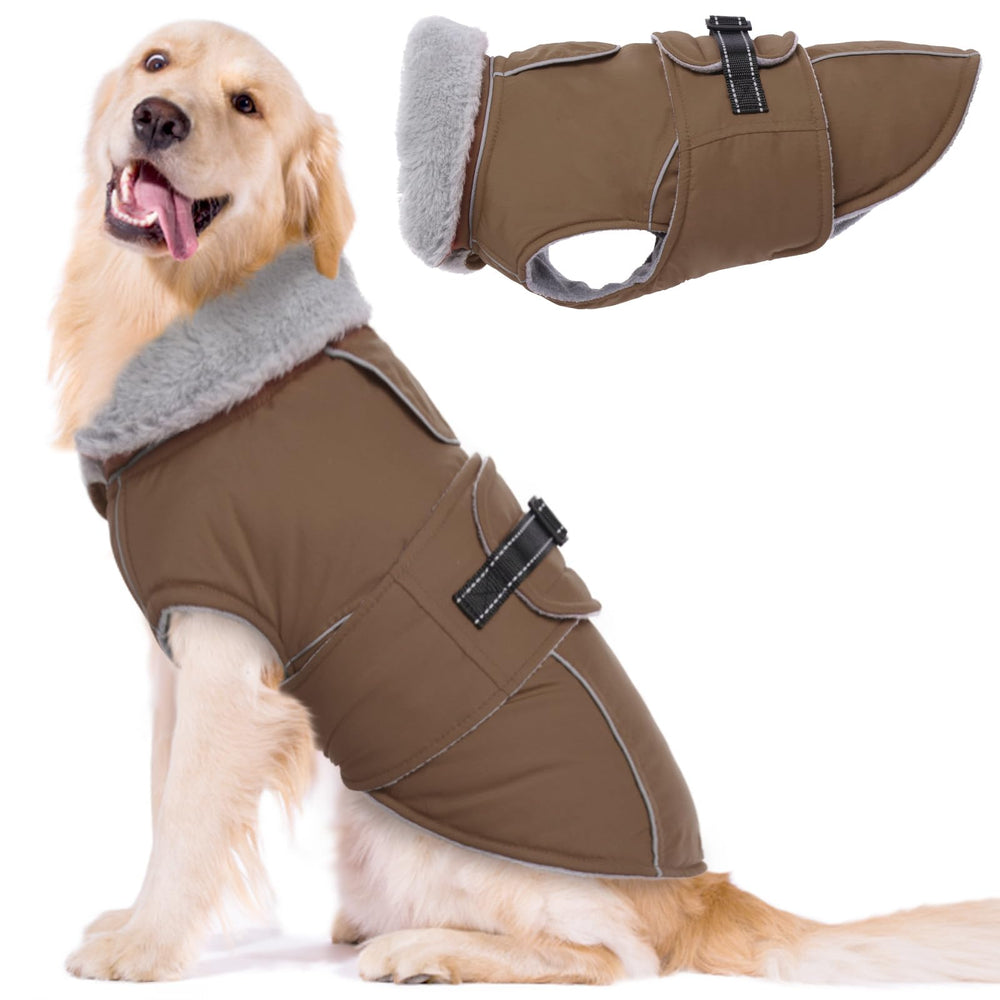 LeLePet warm dog coat front view, brown XL, snug for windy winter walks