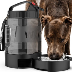 Lesotc 77oz travel bottle filled for outdoor adventures, keeps pups hydrated during hikes.