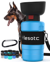 lesotc dog water bottle fold-cap bowl demonstrates easy pet hydration.