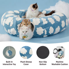Lesure cat tunnel bed two toy balls demonstrates added enrichment and multi-cat engagement.