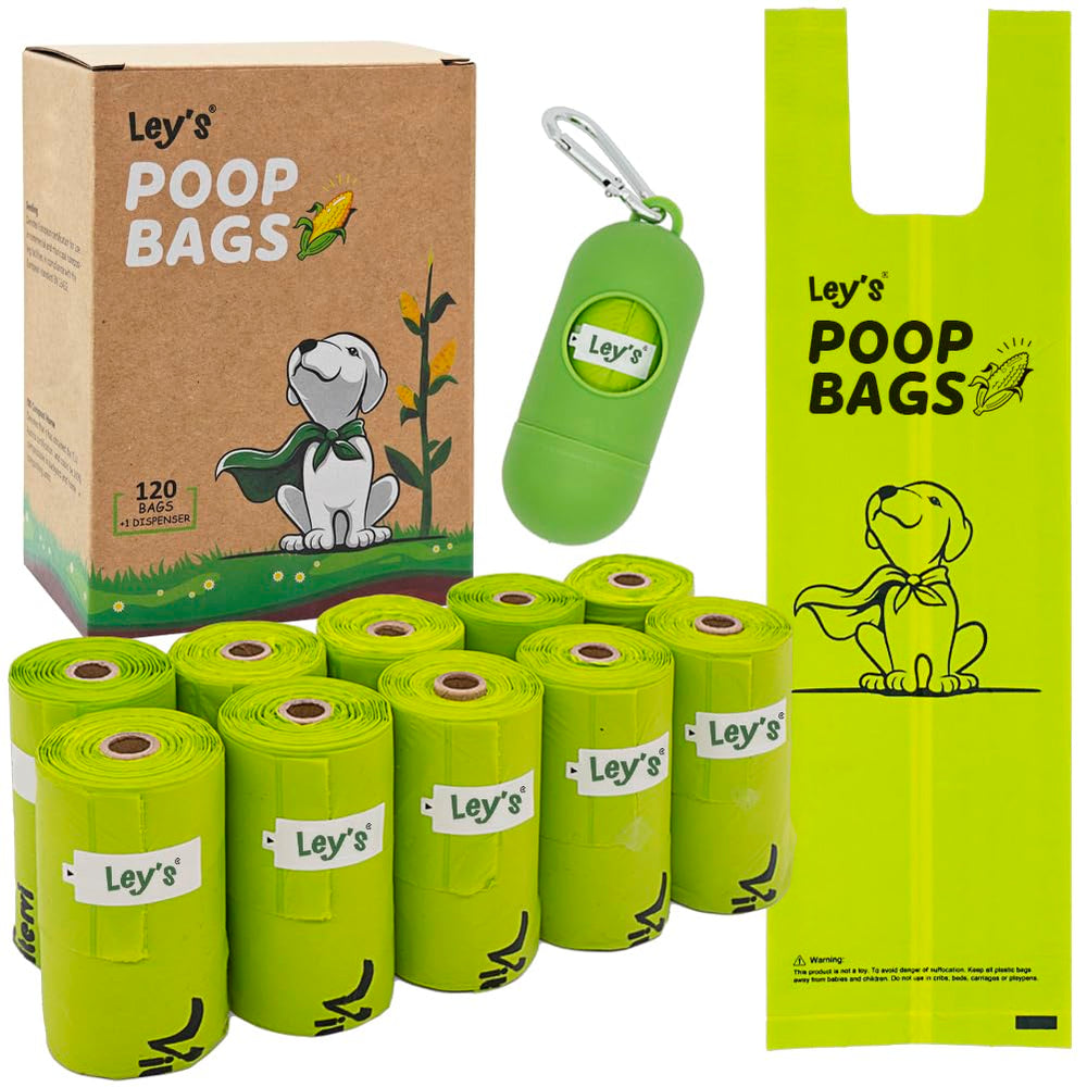 Ley's compostable dog poop bags in dispenser for quick cleanup on walks