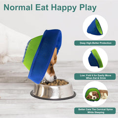 LH NTGR soft dog cone blue, back view, gentle edge reduces neck rubbing during activity.