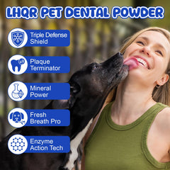 LHQR dog dental powder pour shows probiotic blend supporting balanced oral flora