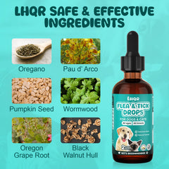 LHQR flea-tick-drops ingredients herb blend shown for natural maintenance.