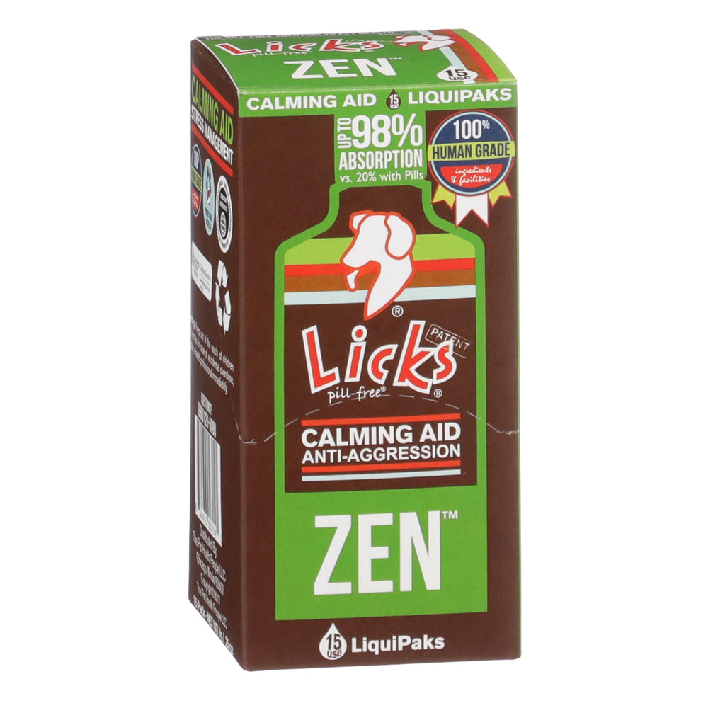 Licks Dog Zen bottle front with roasted chicken flavor for calmer dogs during events