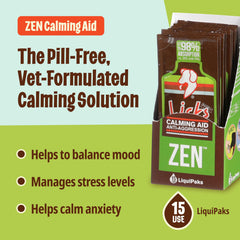 Licks Dog Zen label close-up emphasizing palatable all-natural ingredients