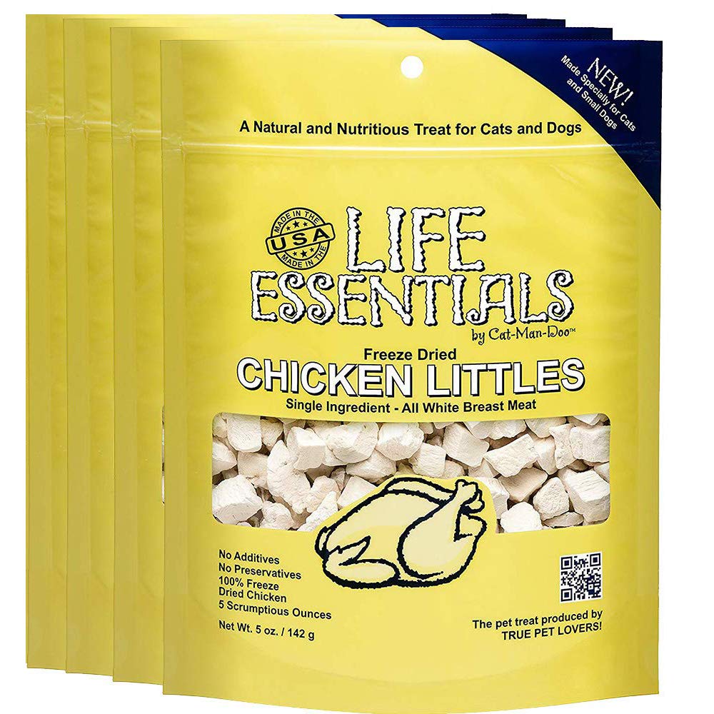 LIFE ESSENTIALS BY CAT-MAN-DOO freeze-dried chicken littles bag ready for training rewards.