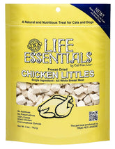 Life Essentials by Cat-Man-Doo freeze-dried chicken littles packaging highlights USA-made quality for training rewards.