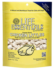 Life Essentials by Cat-Man-Doo freeze-dried chicken littles packaging highlights USA-made quality for training rewards.