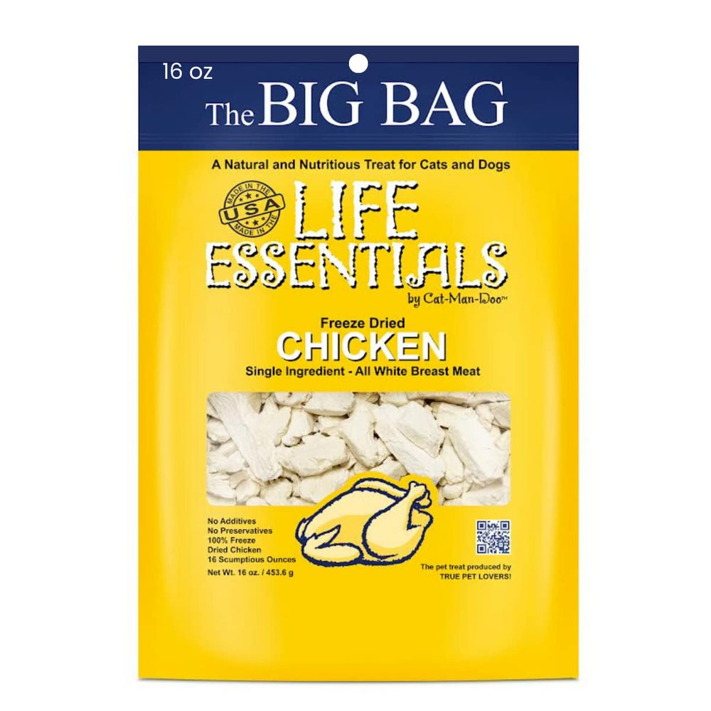 Life Essentials Cat-Mandoo dried chicken treat strip for training rewards.