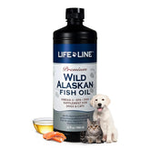 Life Line Pet Nutrition Wild Alaskan Fish Oil bottle showing pure omega-3 for skin and coat.