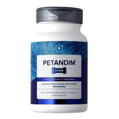 LifeVantage Petandim dog vitamins bottle with bacon-chicken chews for daily vitality and antioxidant support.