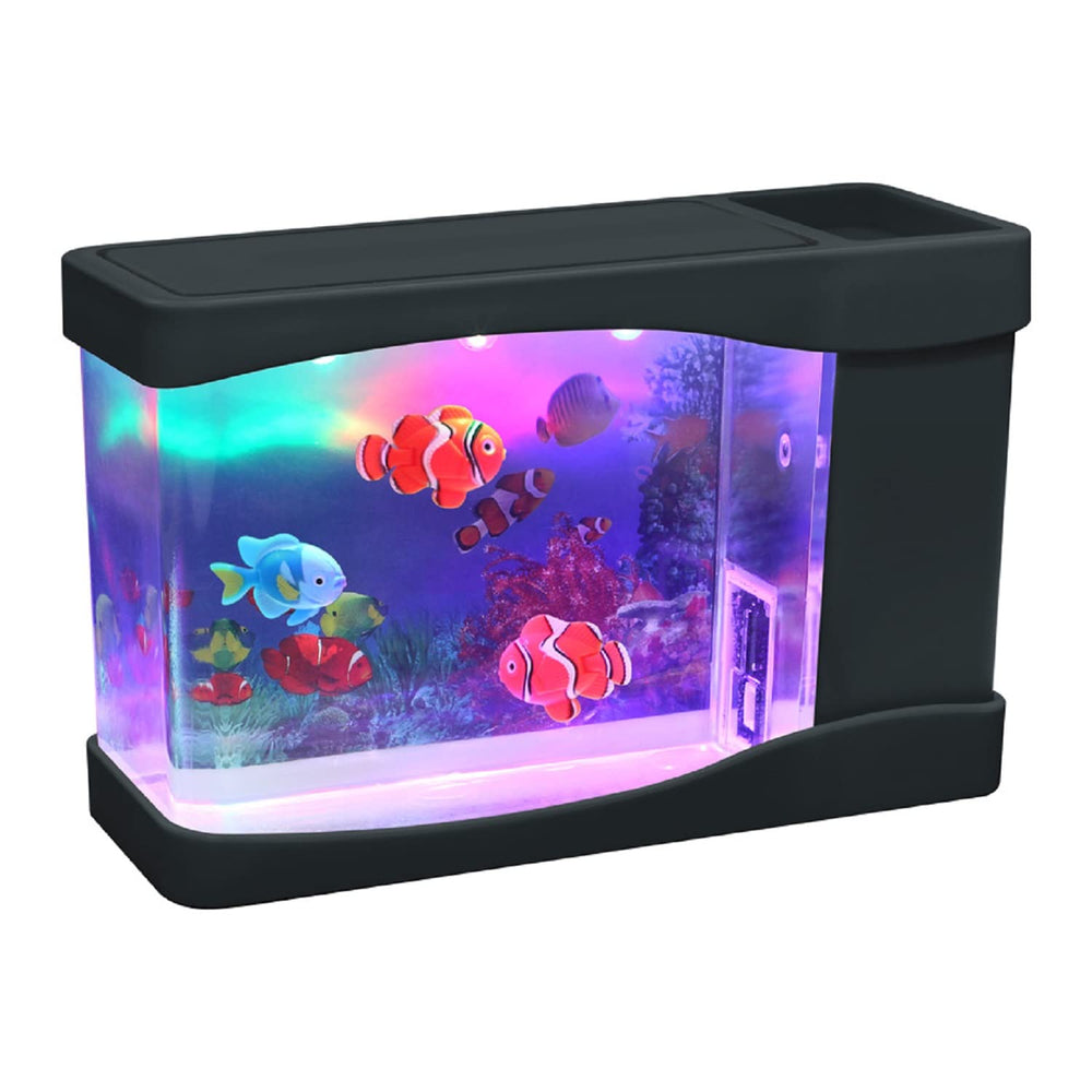 Lightahead artificial mini aquarium fish tank with colorful LEDs for desktop ambiance.
